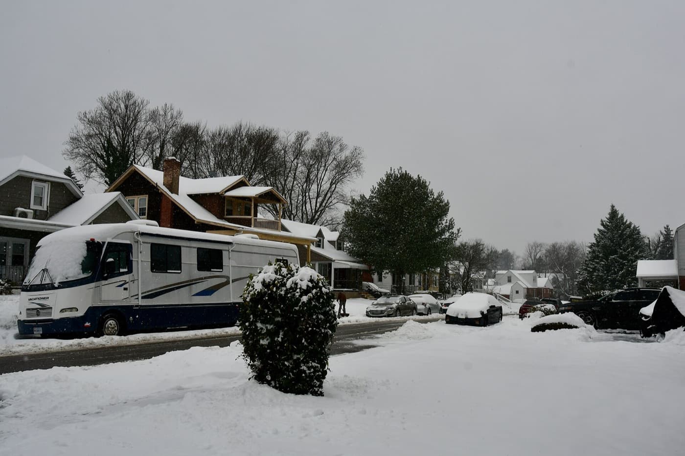 Houses in the Woodlawn Village neighborhood of Woodlawn, Maryland after a January snowfall