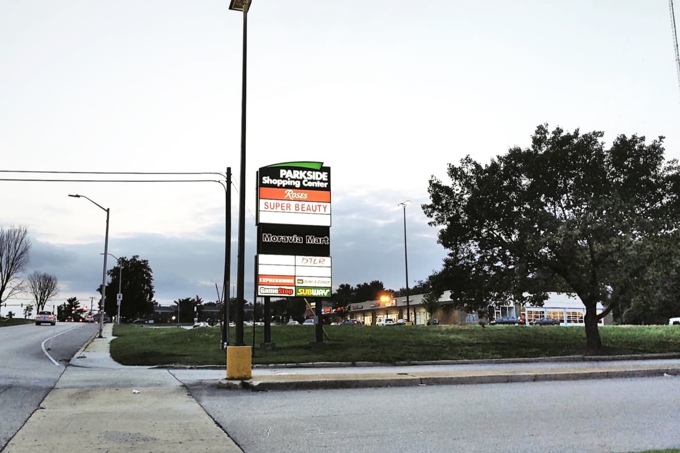 Parkside Shopping Center sign on Moravia Road at Sinclair Lane in Frankford, part of the greater Cedonia area of Baltimore