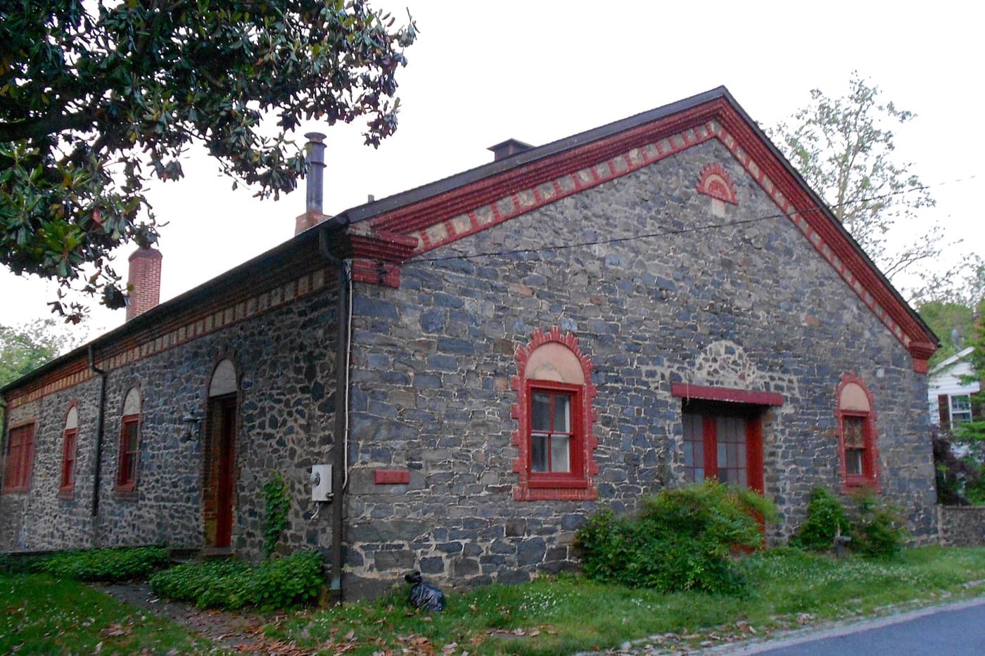 A stone mill building in the Dickeyville Historic District in Baltimore